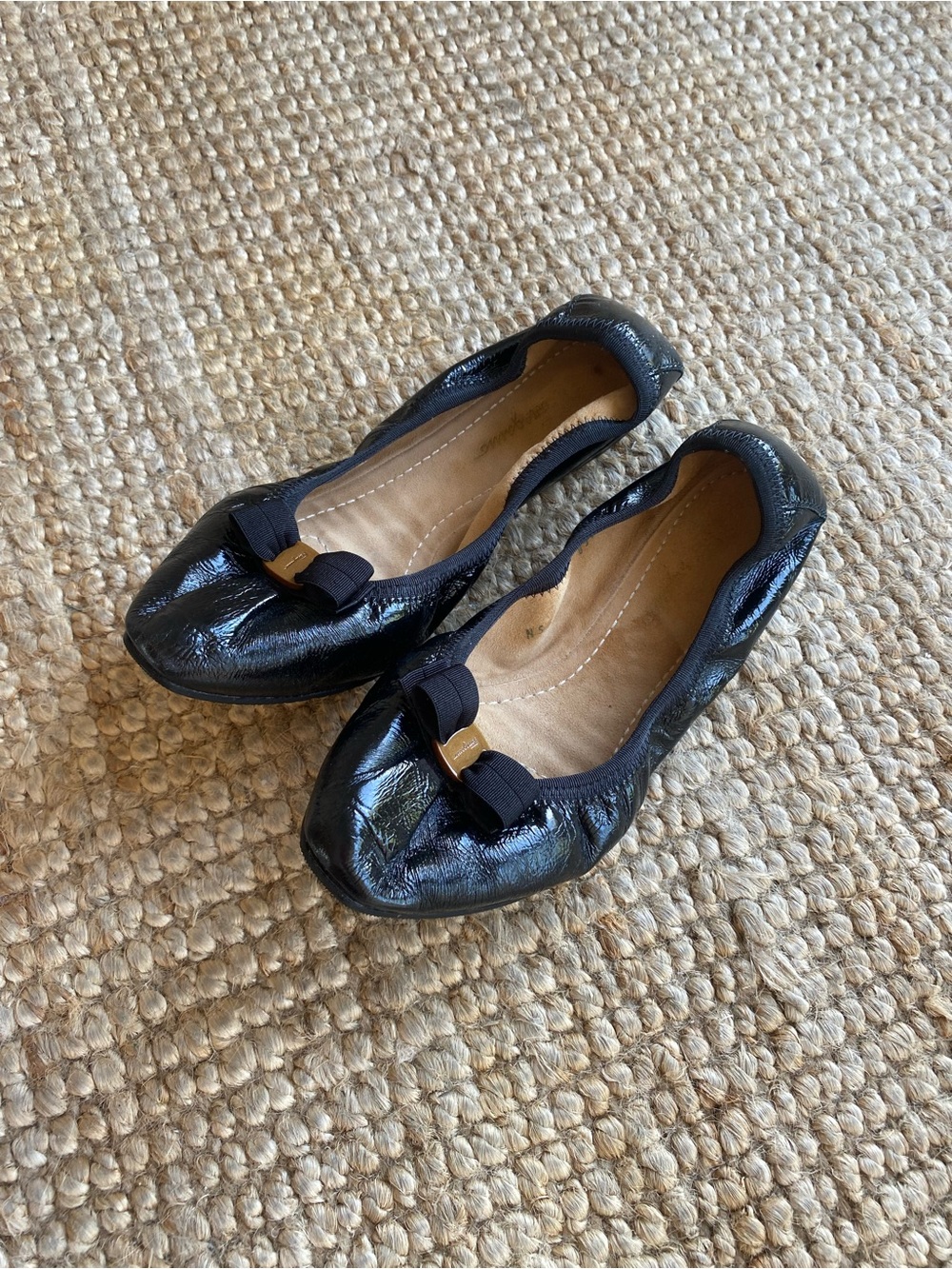 Salvatore Ferragamo Black Patent Leather Bow Ballet Flats